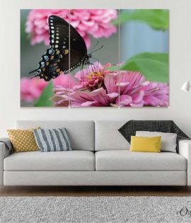 butterfly in pink flowers wall art