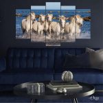 white camrgue horses at ocean animal wall art