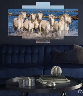 white camrgue horses at ocean animal wall art