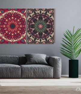 gray and red mandala pattern wall art