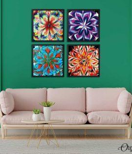 Colorful Abstract Whirlwind Flow Art | Set of 4 Square | Floral Wall Art