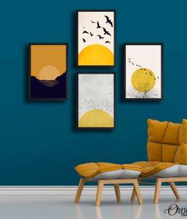 Flock of Birds over Yellow Sunset | Set of 4 Posters | Complete Wall Setup